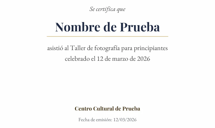 Certificado de asistencia a nombre de «Nombre de Prueba» con «12 de marzo de 2026» y «Fecha de emisión: 12/03/2026».