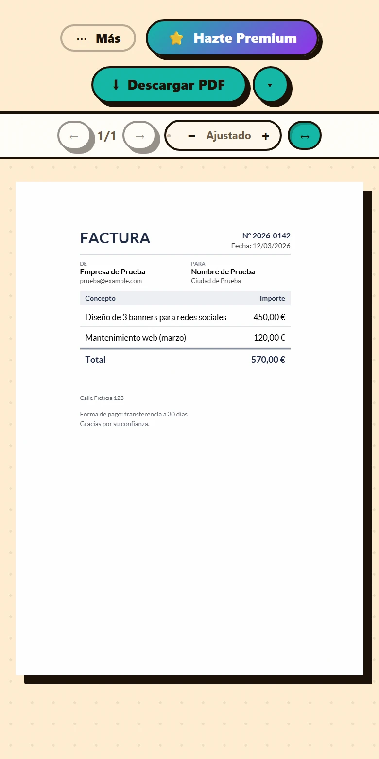Factura de prueba abierta en un teléfono, ajustada al ancho de la pantalla.