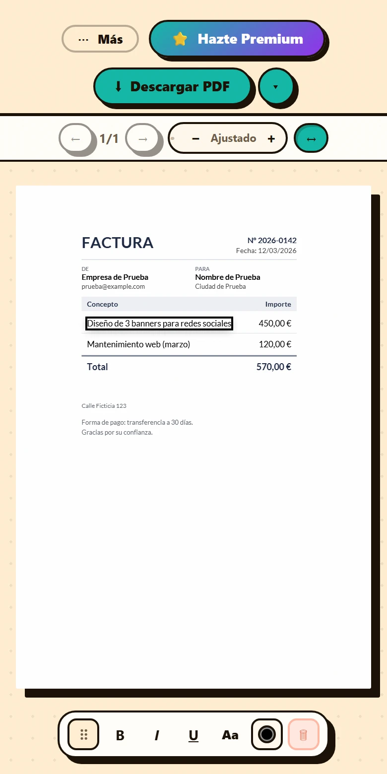 La misma factura con una línea en edición tras tocarla y la barra flotante móvil con B, I, U y «Aa».