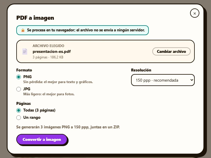 Modal «PDF a imagen» con el formato PNG y la resolución de 150 ppp elegidos para una presentación de tres páginas.