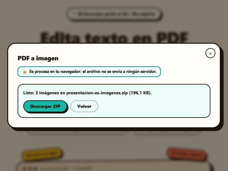 Resultado de la conversión: tres imágenes PNG reunidas en un ZIP, con el botón «Descargar ZIP».
